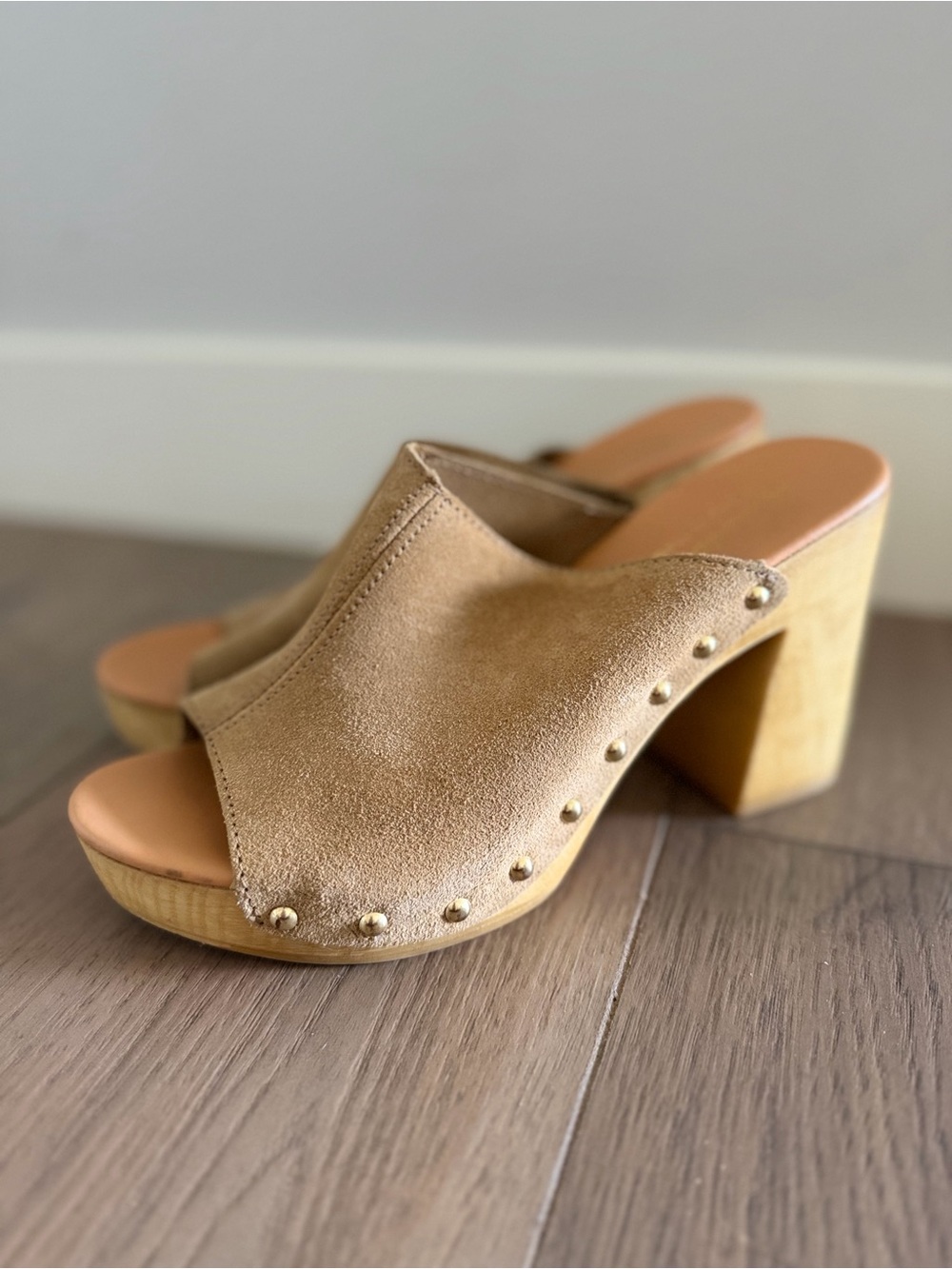 Avellini Genuine Suede Studded Open-Toe Clog Heels - Tan